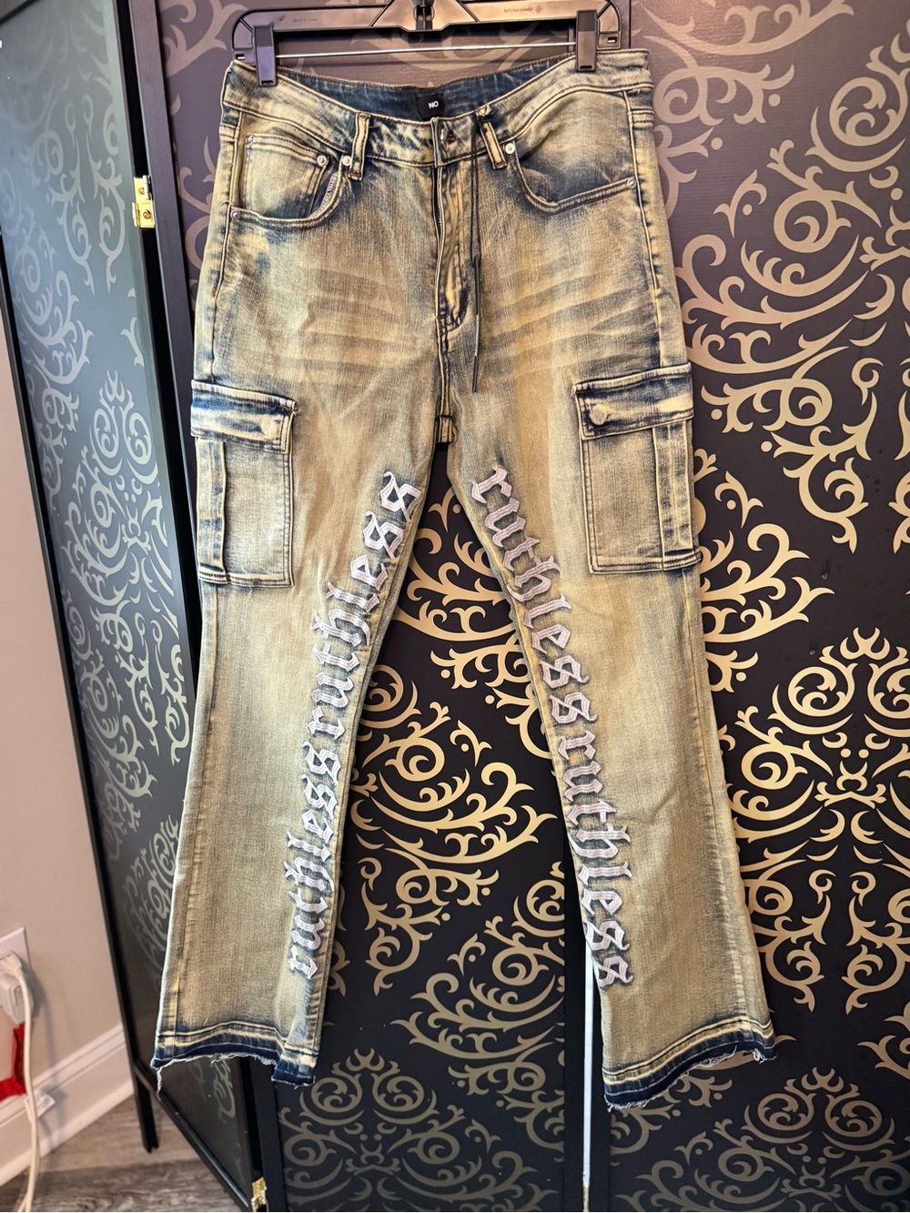 Vintage Wash Cargo Jeans with Gothic Script